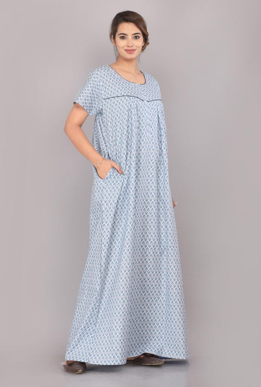 Dancing Flower Blue Cotton Printed Nightwear Gowns