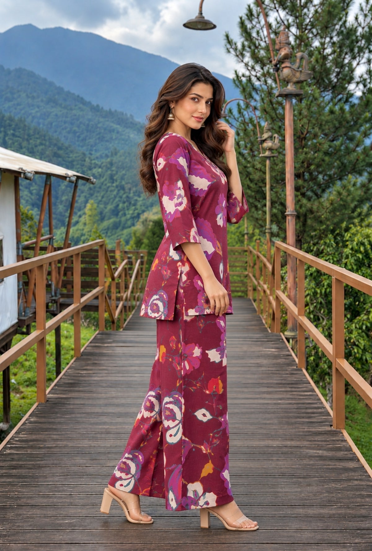 Sapphire Jardin Wine Printed Cotton Co-ords Set