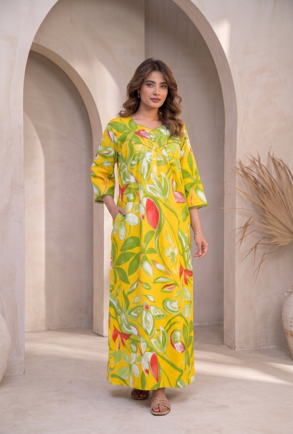 Tropical Breeze Yellow Floral Cotton Night Gown