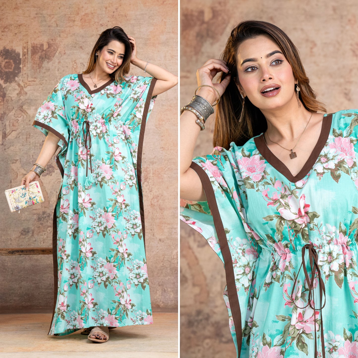 Blossom Flower Green Loungewear Cotton Kaftan