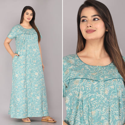 Berries Sea Green Cotton Printed Nightwear Gowns