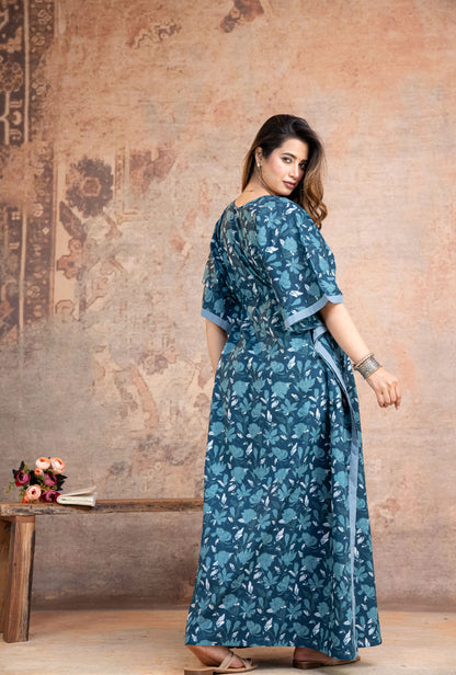 Lotus Leaves Navy Blue Loungewear Cotton Kaftan