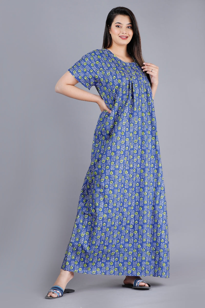 Flower Blue Cotton Nightwear Gowns