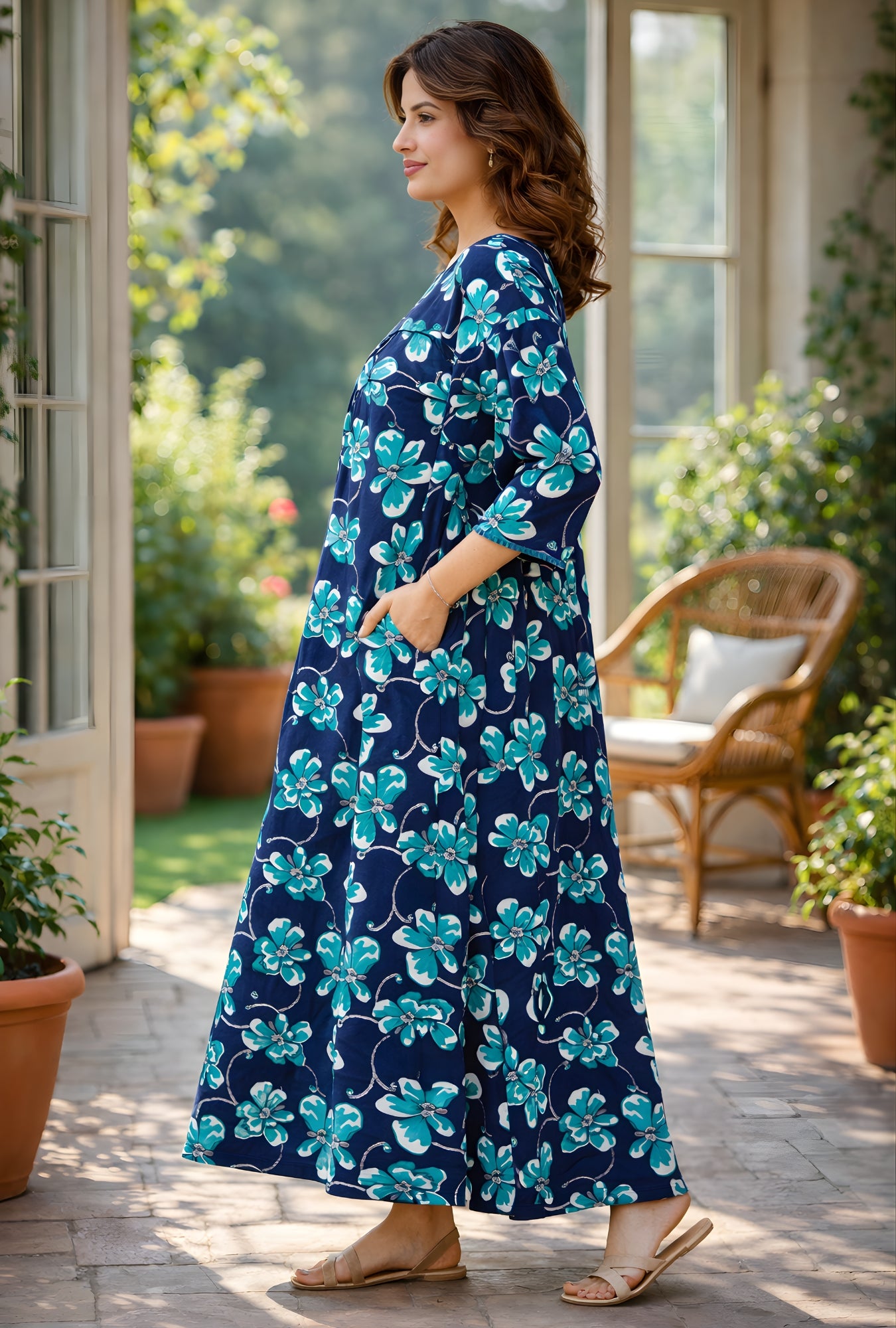 Ocean Bloom Blue Floral Cotton Night Gown