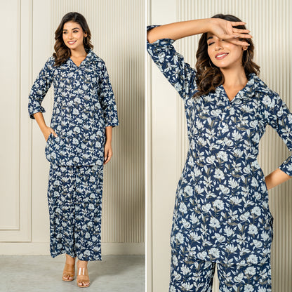 Lush Blooms Blue Cotton Loungewear Co-ords Set