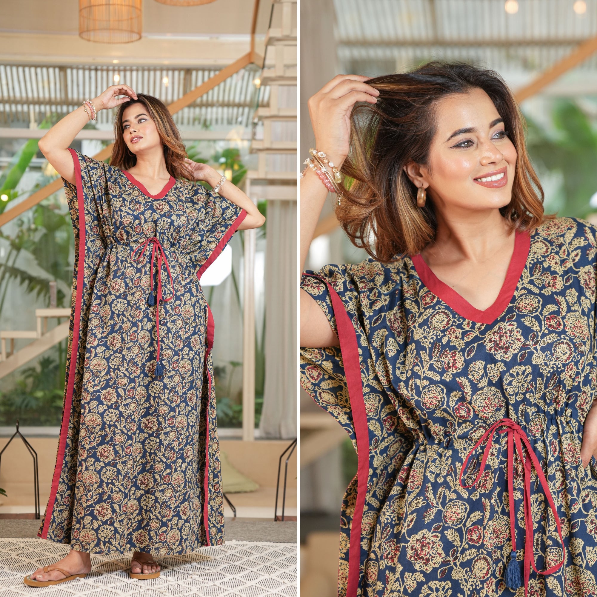 Flora Ajrak Blue Loungewear Cotton Kaftan