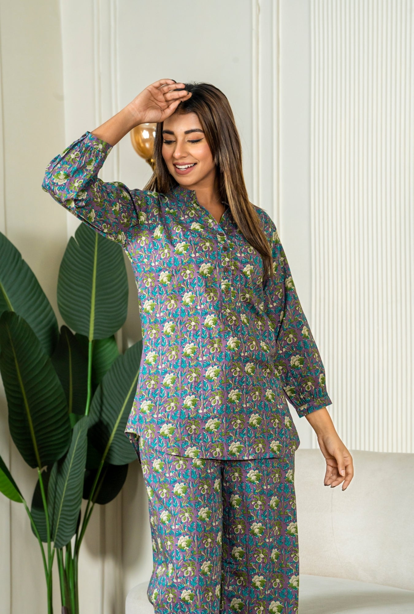 Kalamkari Purple Cotton Loungewear Co-ords Set