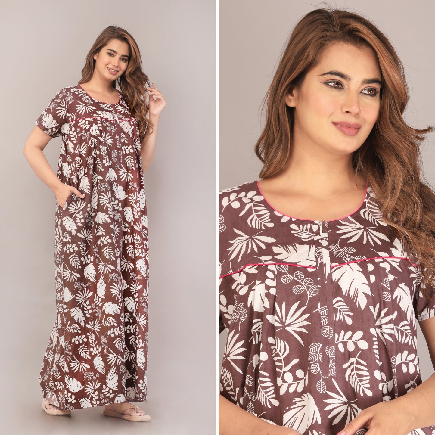 Pine Leaf Grey Cotton Printed Nightwear Gowns