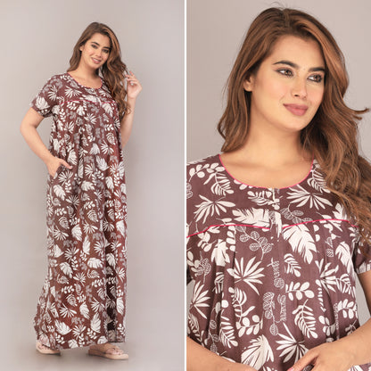 Pine Leaf Grey Cotton Printed Nightwear Gowns