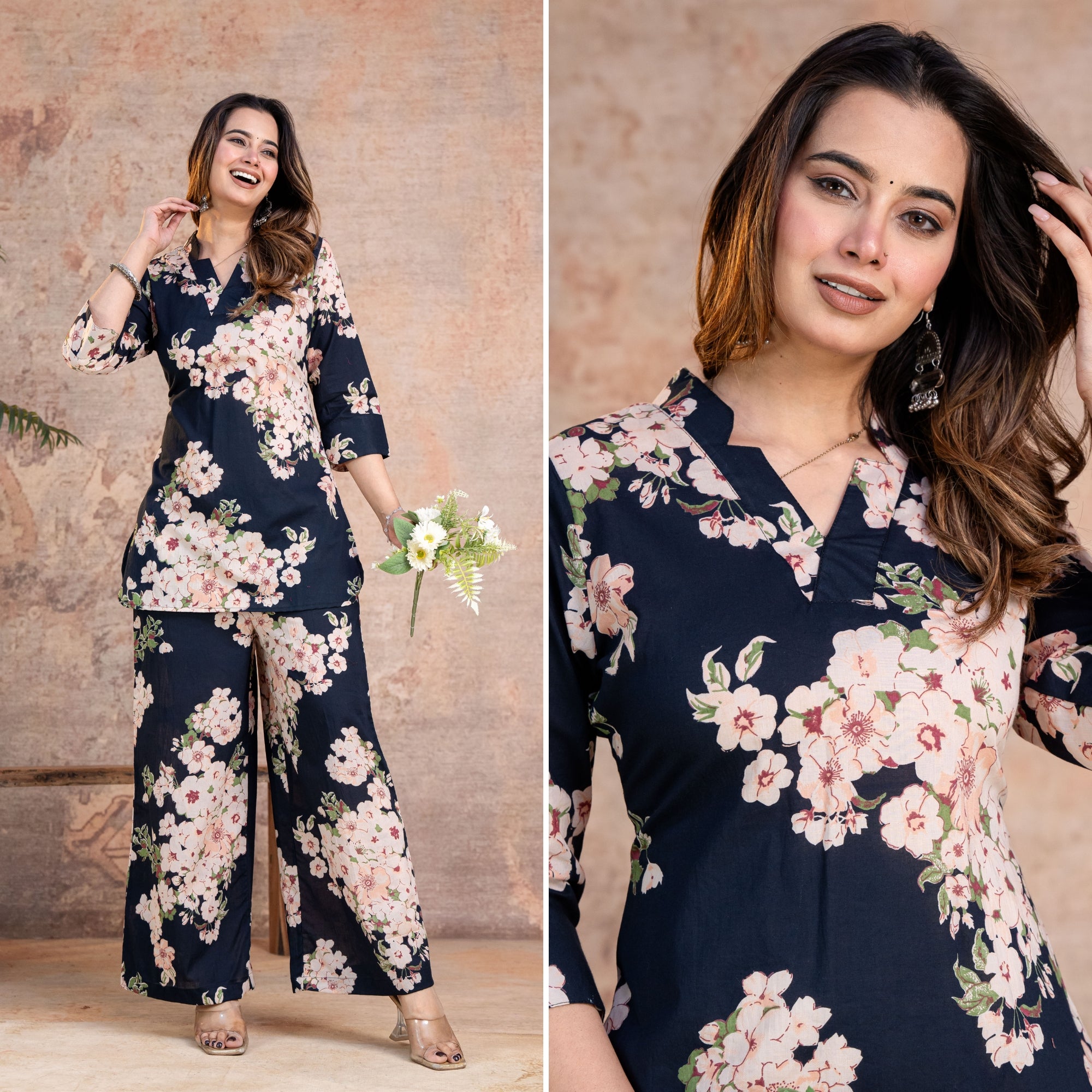 Rosella Navy Blue Printed Cotton Co-ords Set