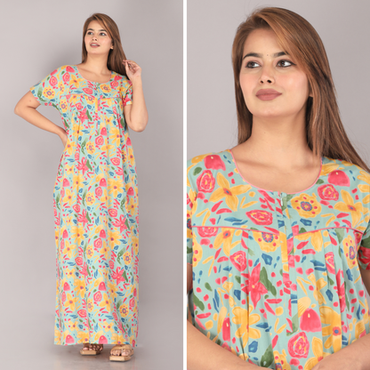 Marine Sea Green Cotton Printed Nightwear Gowns