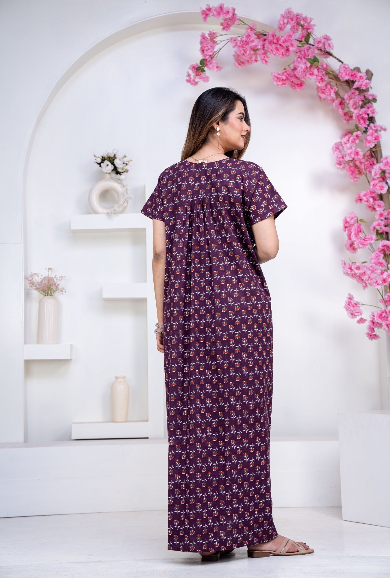 Dandelion Purple Cotton Printed Nightwear Gowns