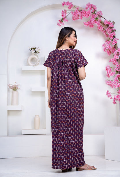 Dandelion Purple Cotton Printed Nightwear Gowns