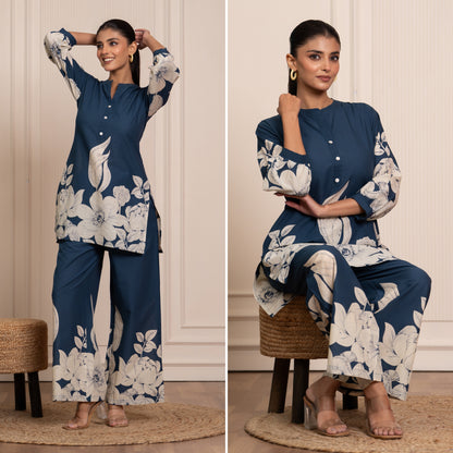 Soft Streak Blue Printed Cotton Co-ords Set