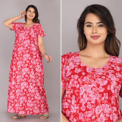 Rose Printed Red Cotton Printed Nightwear Gowns