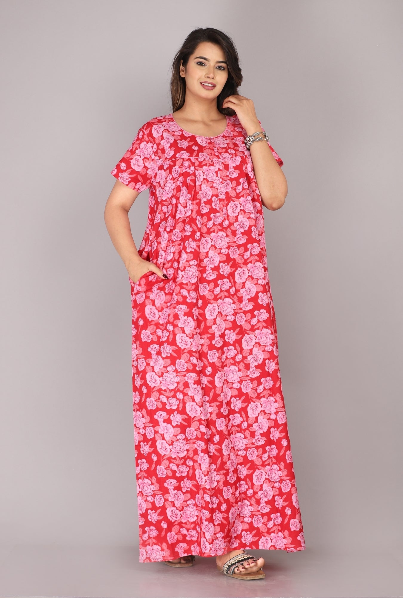 Rose Printed Red Cotton Printed Nightwear Gowns