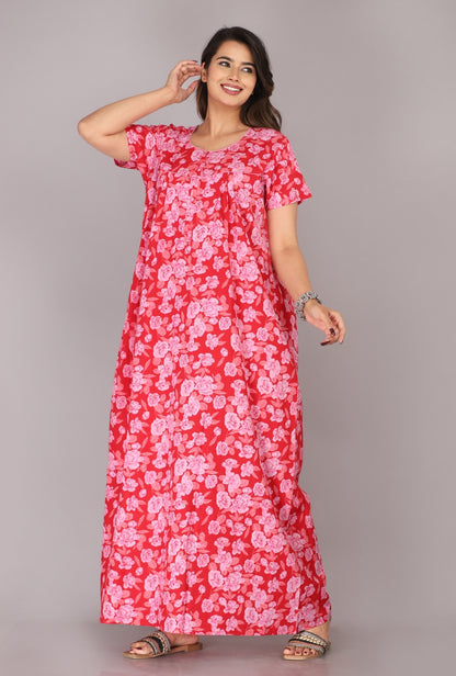 Rose Printed Red Cotton Printed Nightwear Gowns