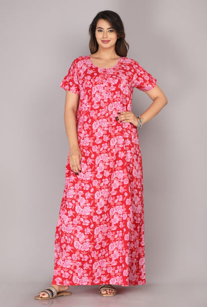 Rose Printed Red Cotton Printed Nightwear Gowns