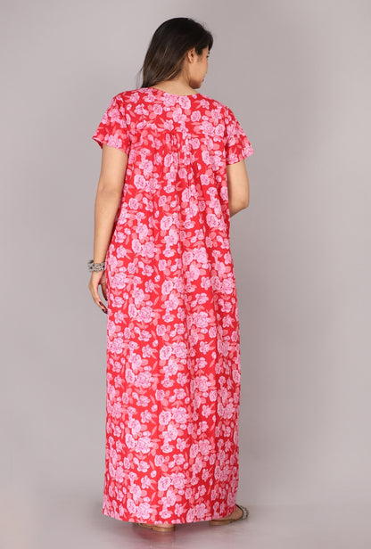 Rose Printed Red Cotton Printed Nightwear Gowns