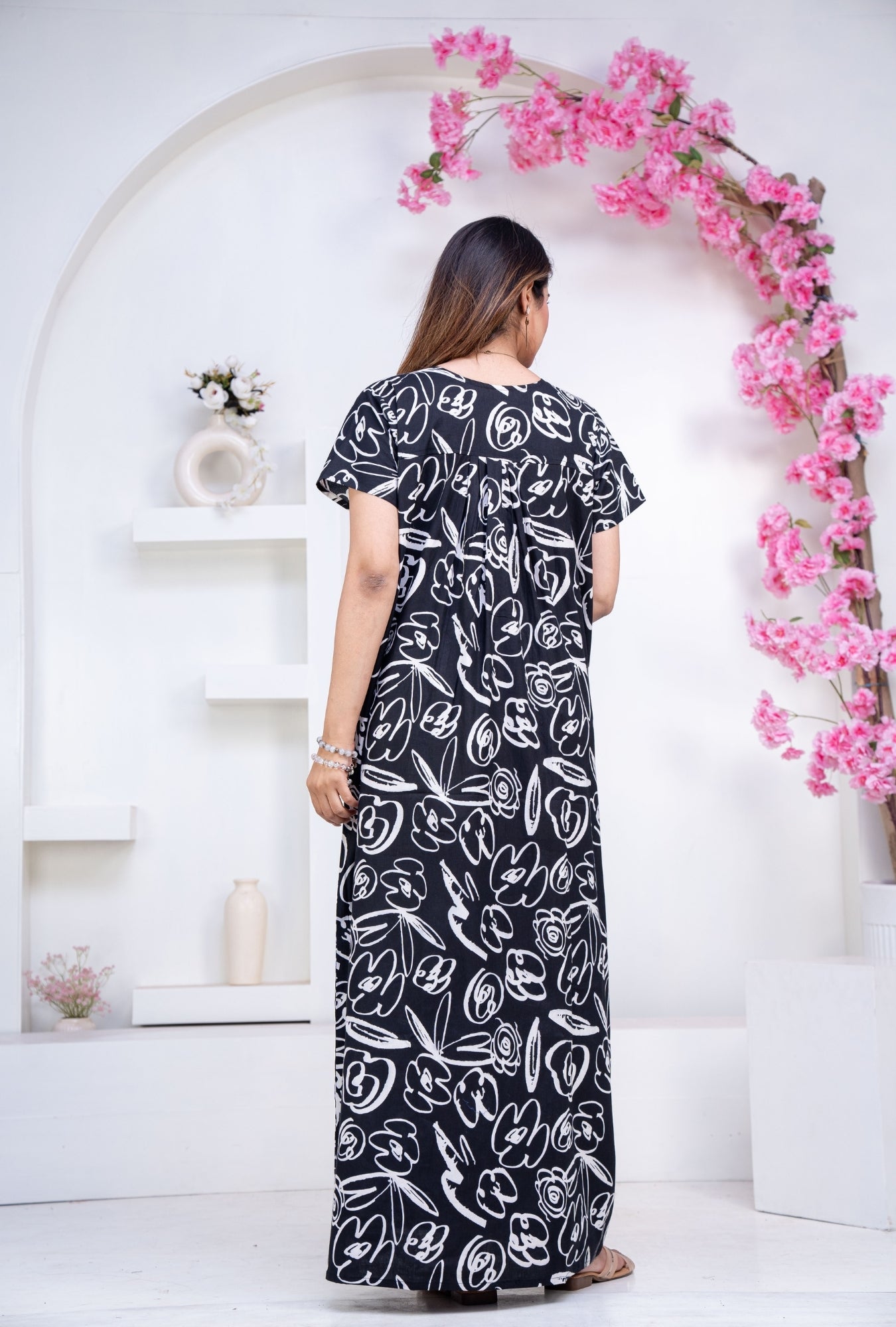 Doodle Black Cotton Printed Nightwear Gowns