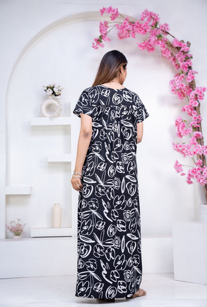 Doodle Black Cotton Printed Nightwear Gowns