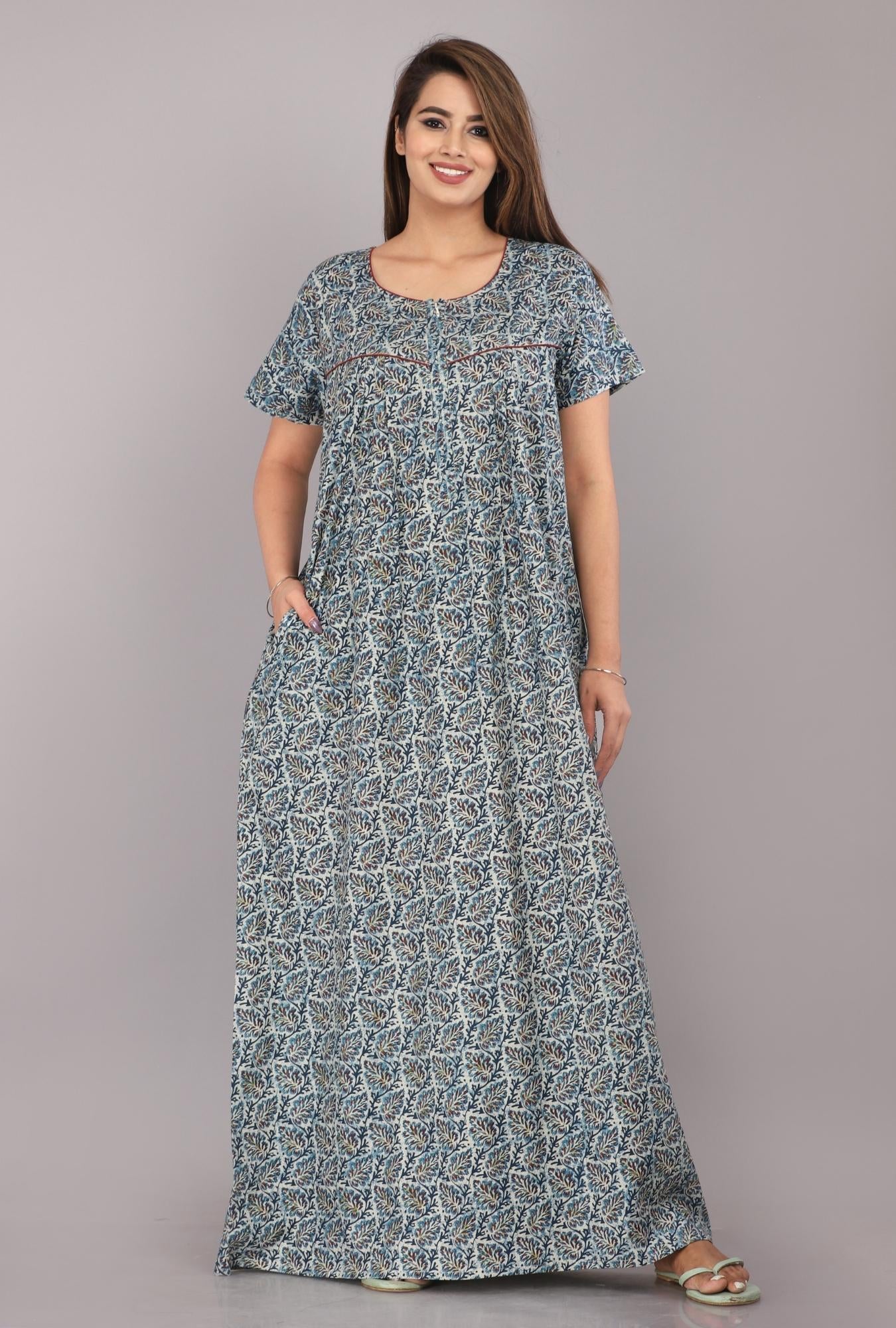 Betel Leaf Blue Cotton Printed Nightwear Gowns