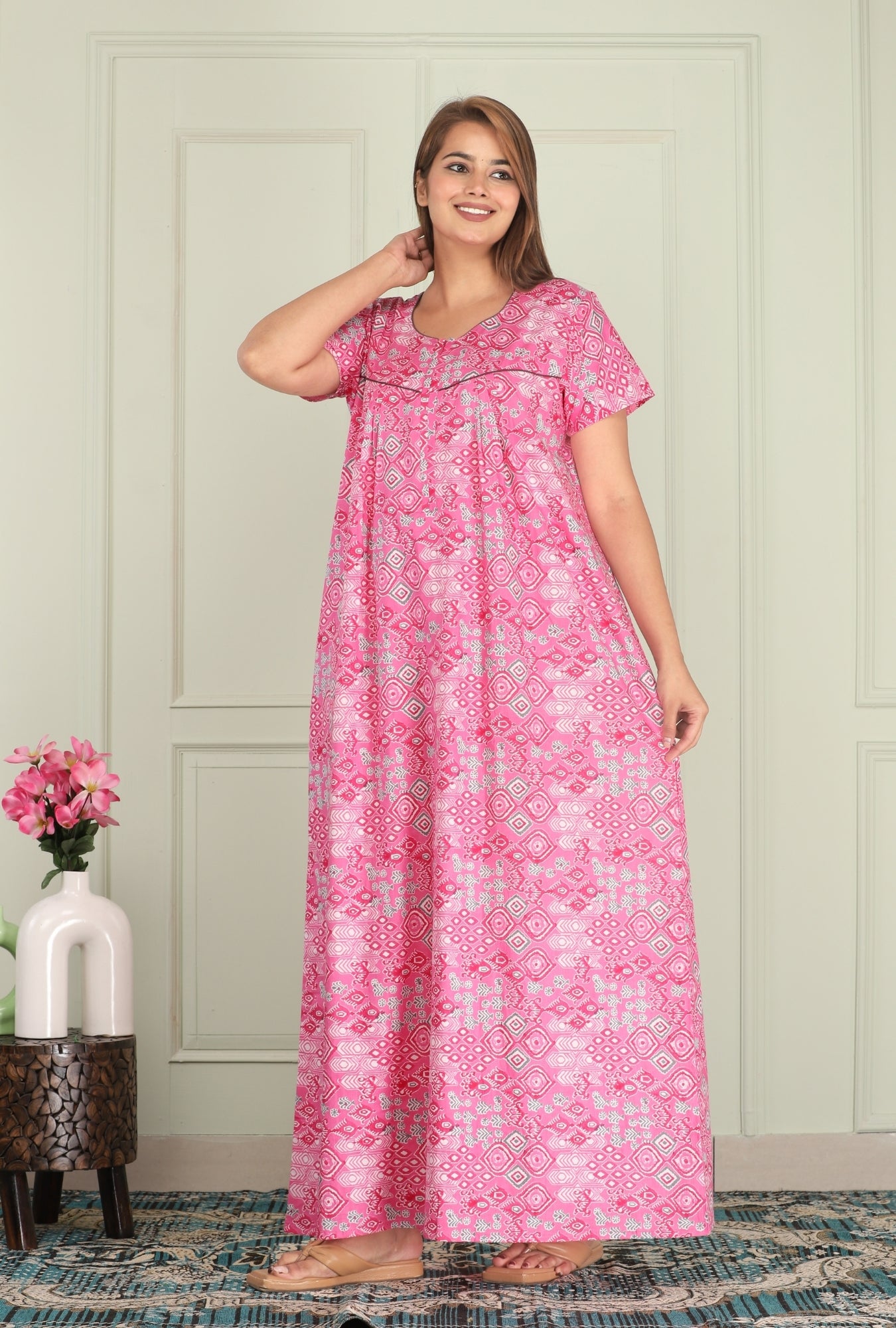 Hand Block Pink Cotton Printed Nightwear Gowns