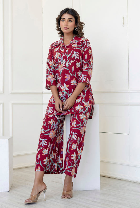 Flora Mode Maroon Cotton Loungewear Co-ords Set