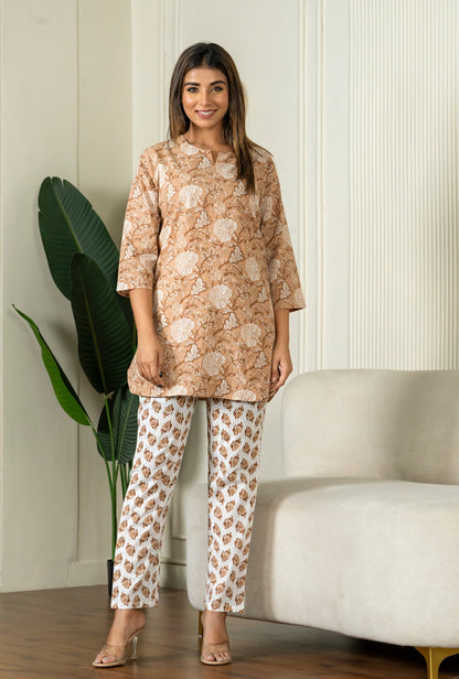 Scarlet Bloom Light Brown Cotton Loungewear set