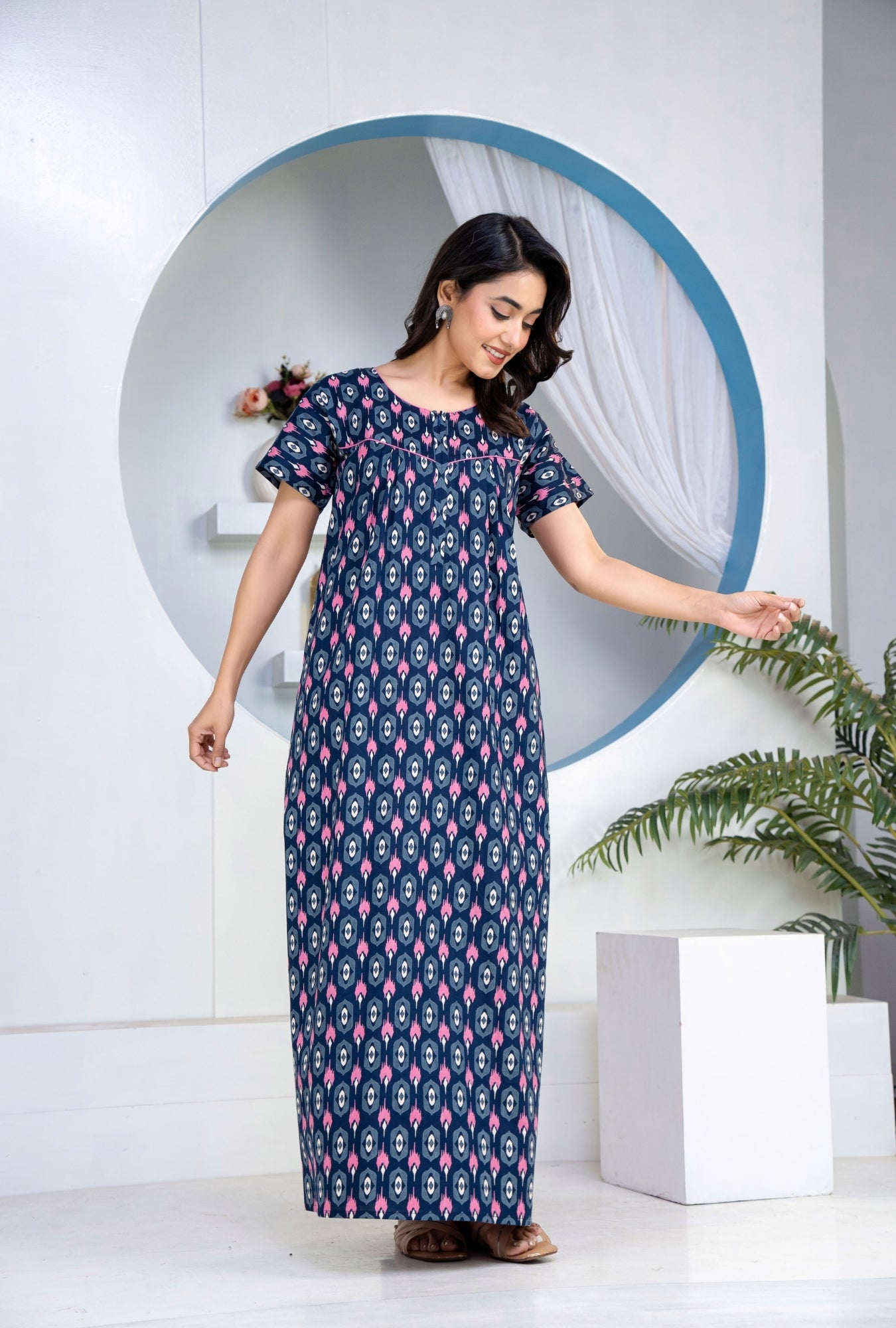 Ikkat Diamond Navy Cotton Printed Nightwear Gowns