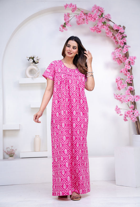 Fern Pink Cotton Printed Nightwear Gowns