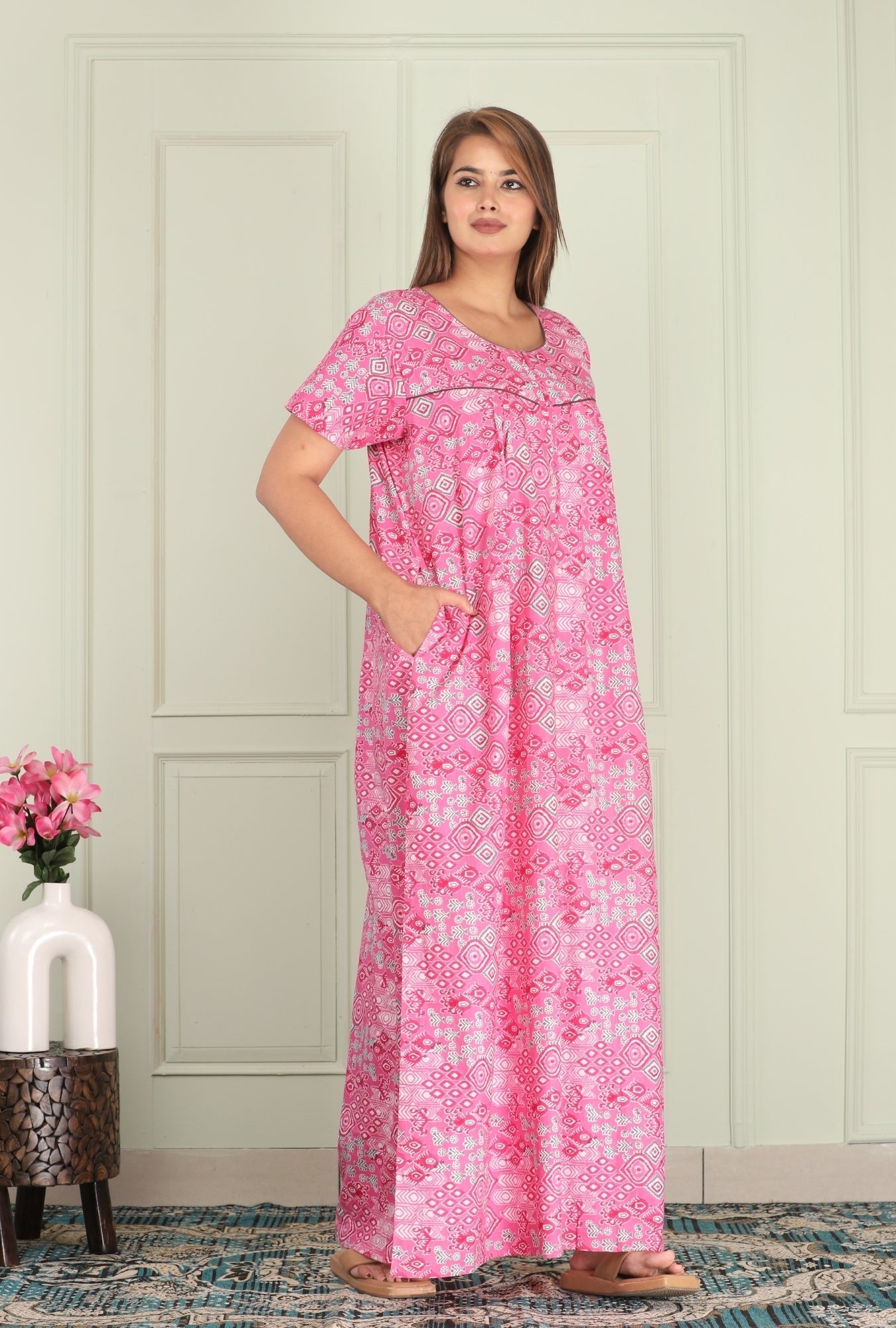 Hand Block Pink Cotton Printed Nightwear Gowns