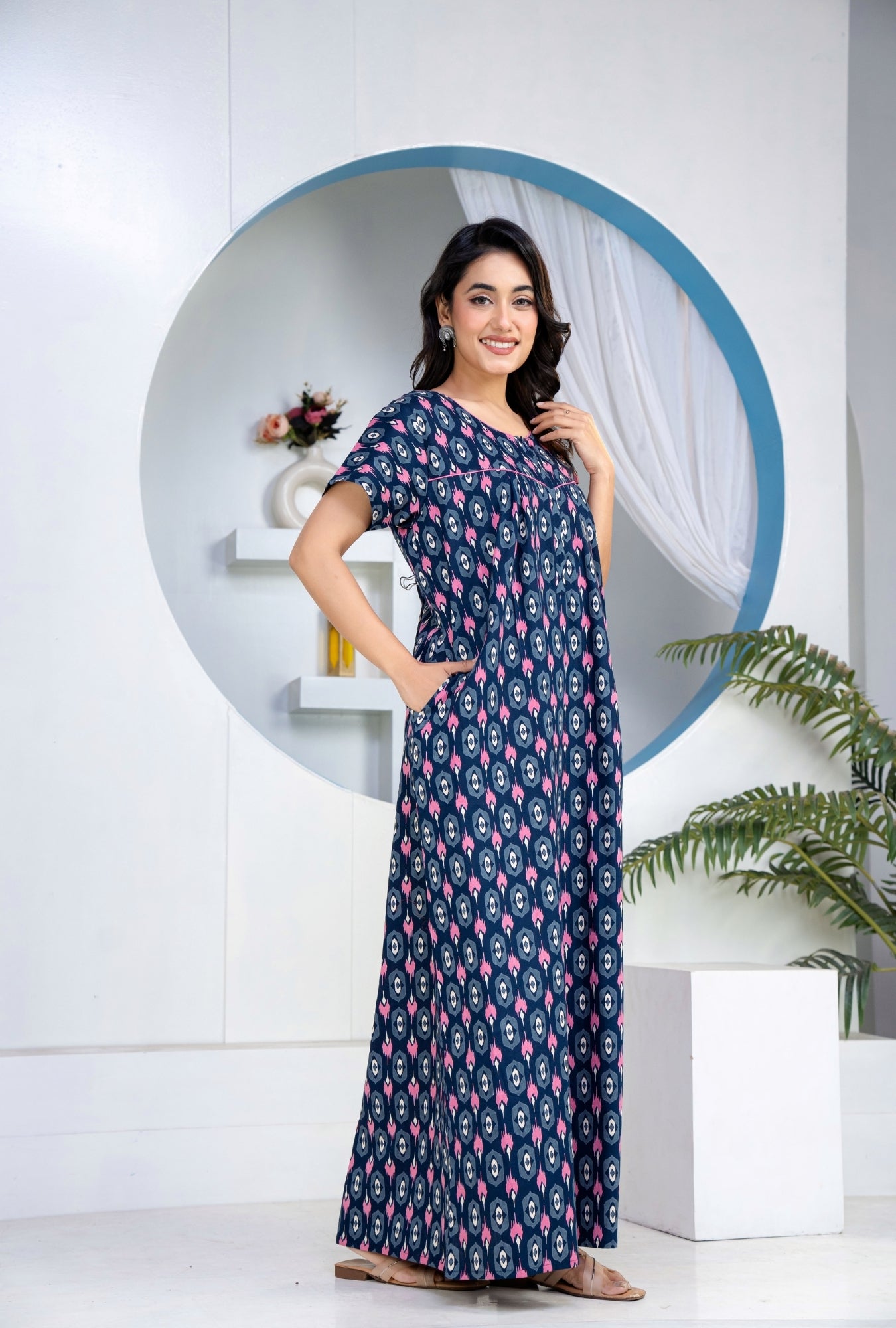 Ikkat Diamond Navy Cotton Printed Nightwear Gowns