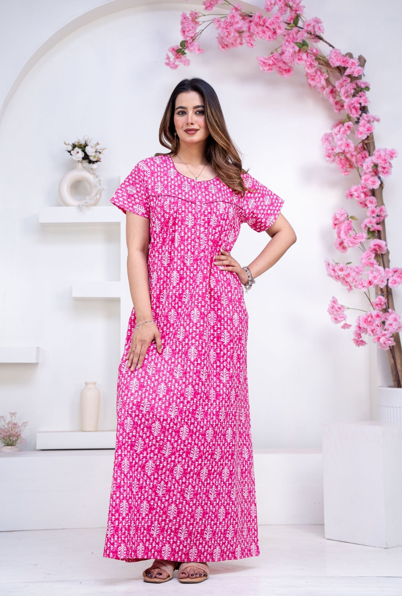 Fern Pink Cotton Printed Nightwear Gowns