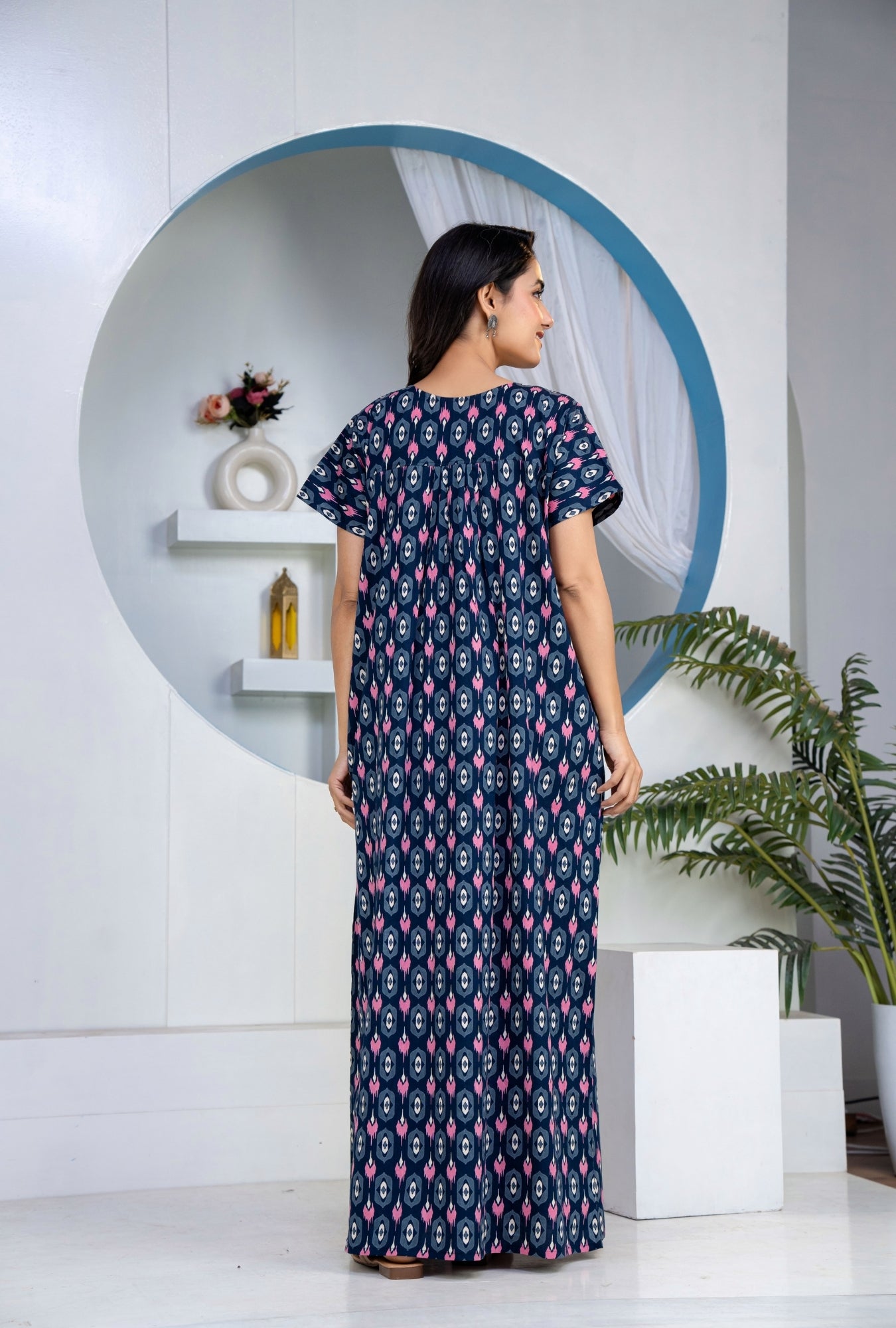 Ikkat Diamond Navy Cotton Printed Nightwear Gowns