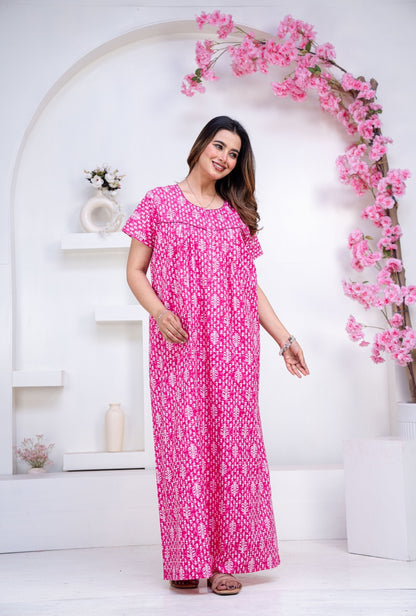Fern Pink Cotton Printed Nightwear Gowns
