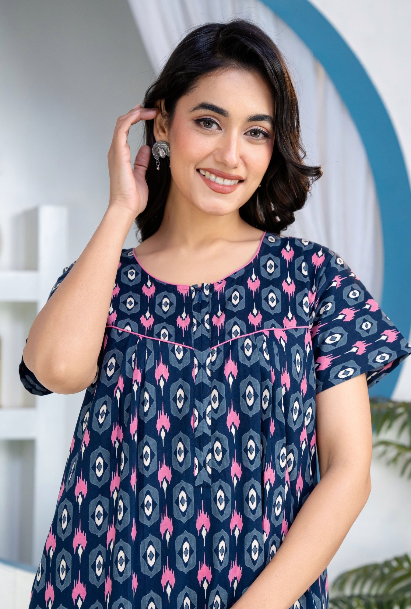 Ikkat Diamond Navy Cotton Printed Nightwear Gowns