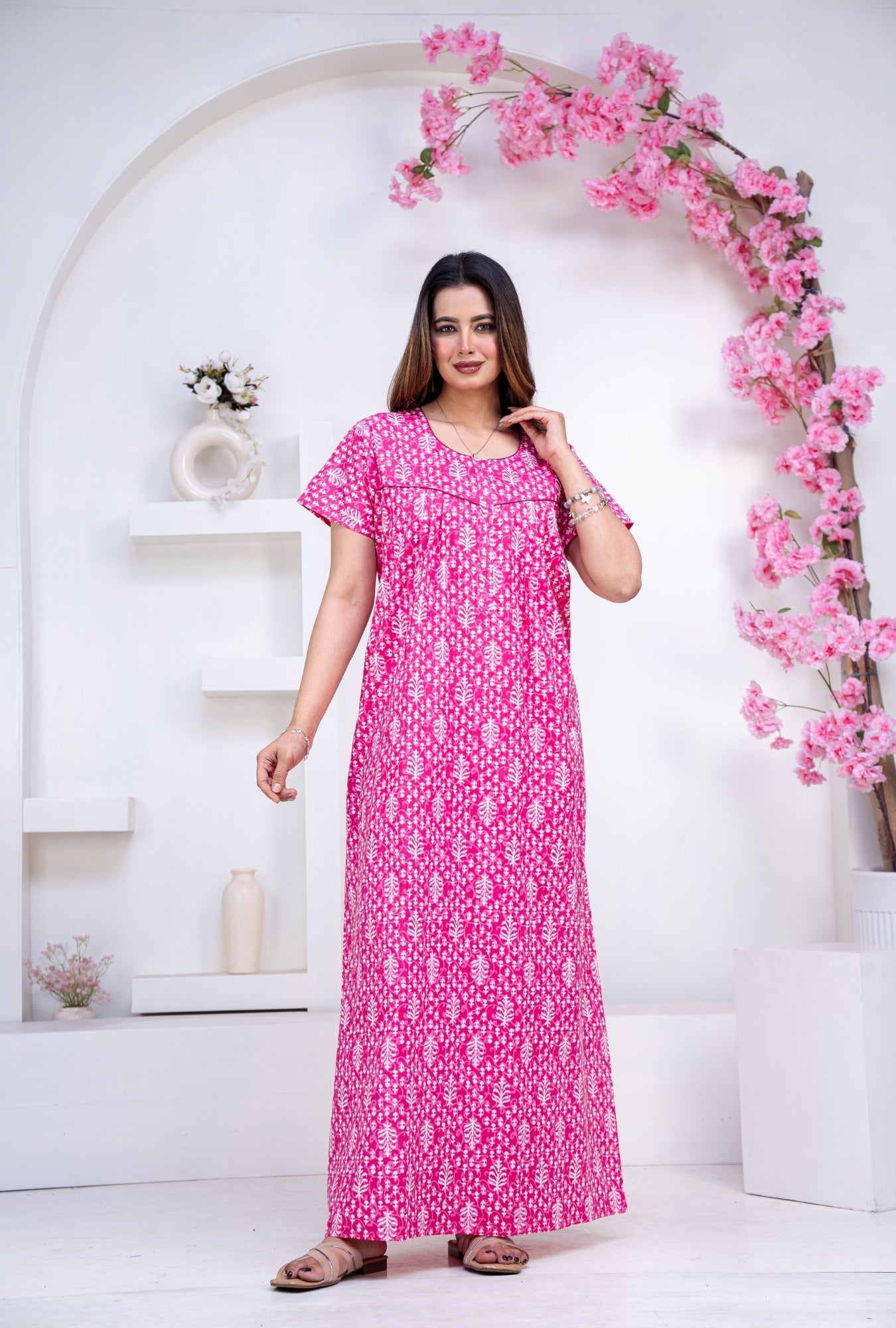 Fern Pink Cotton Printed Nightwear Gowns