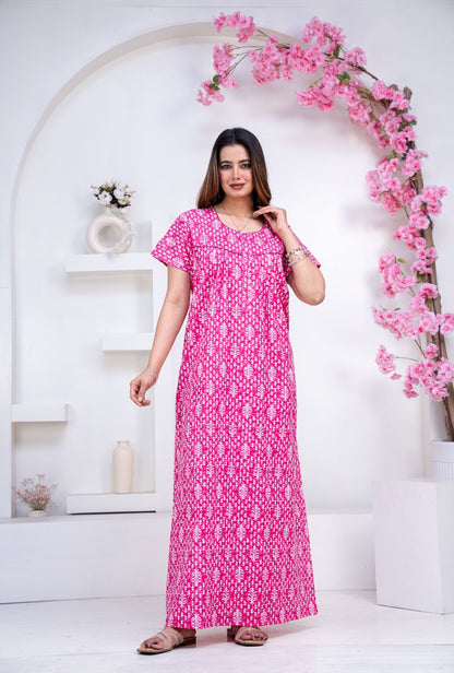 Fern Pink Cotton Printed Nightwear Gowns