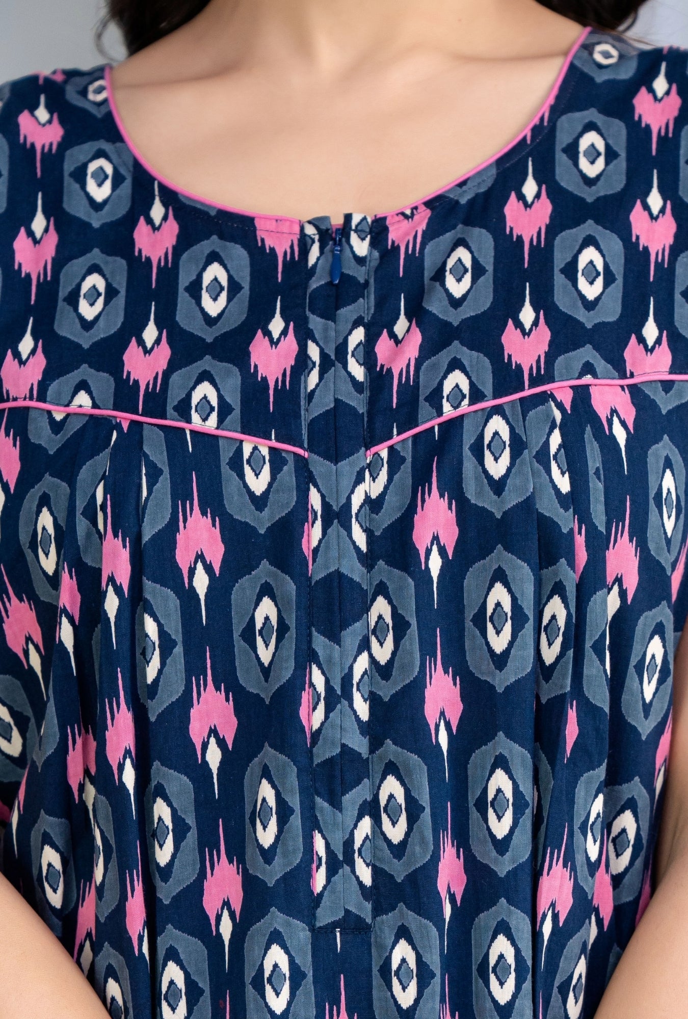Ikkat Diamond Navy Cotton Printed Nightwear Gowns