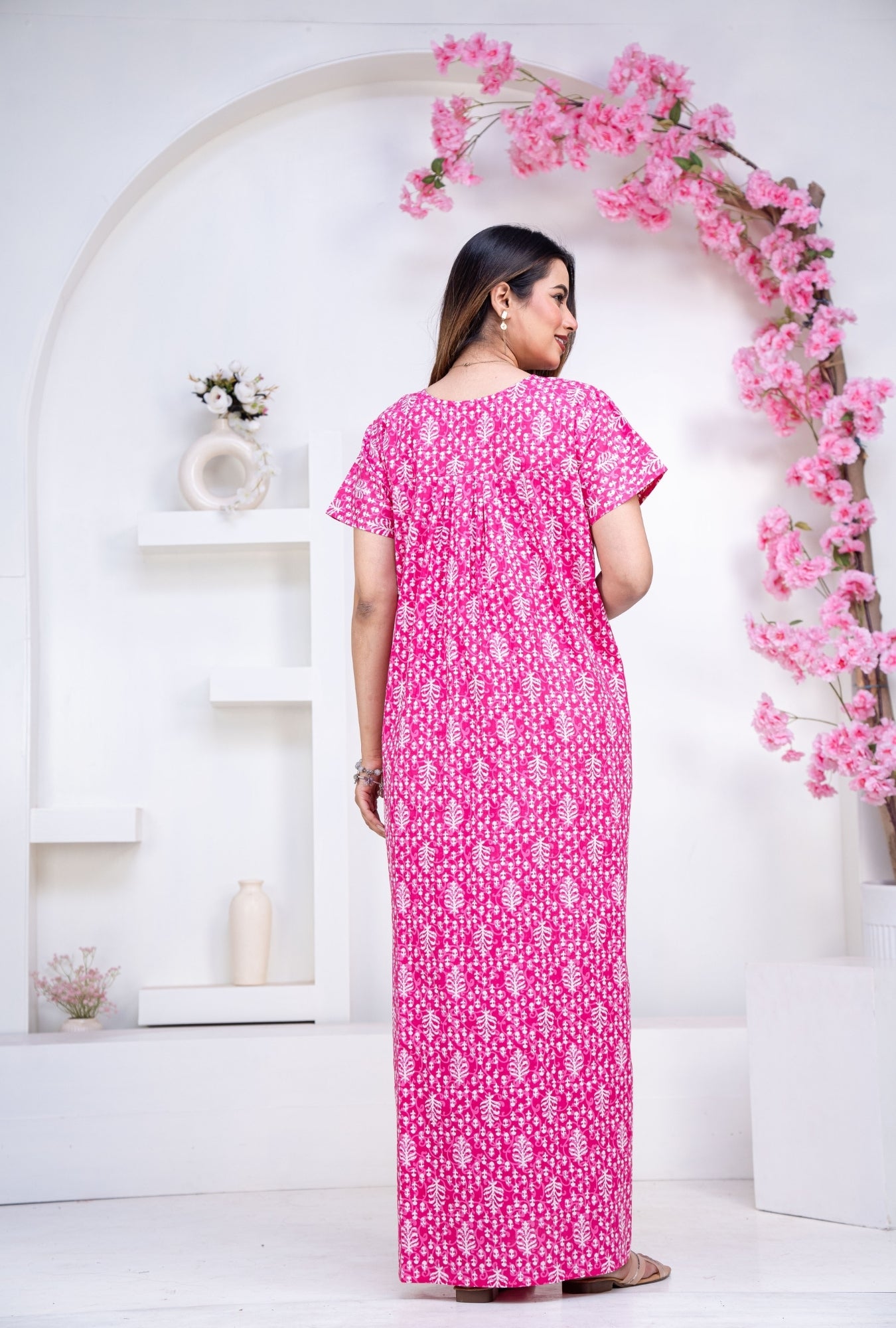 Fern Pink Cotton Printed Nightwear Gowns