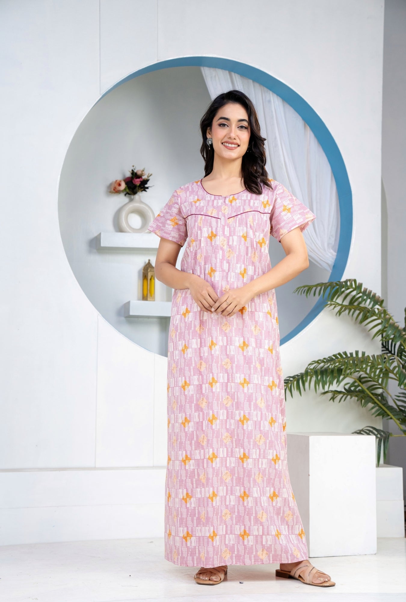 Grid Buta Mauve Cotton Printed Nightwear Gowns