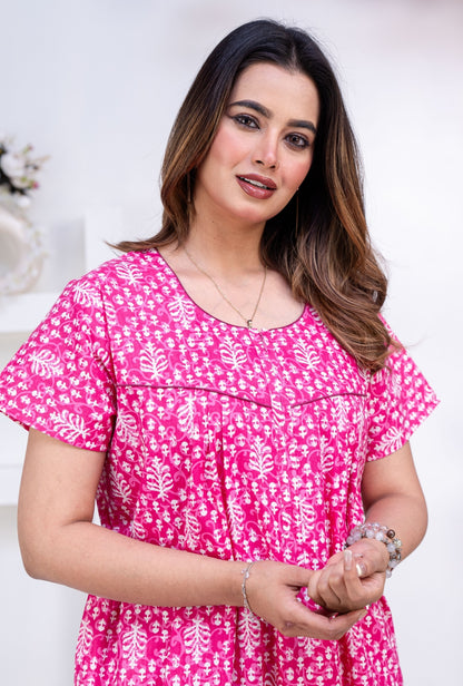 Fern Pink Cotton Printed Nightwear Gowns