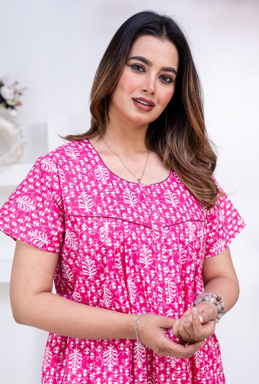 Fern Pink Cotton Printed Nightwear Gowns