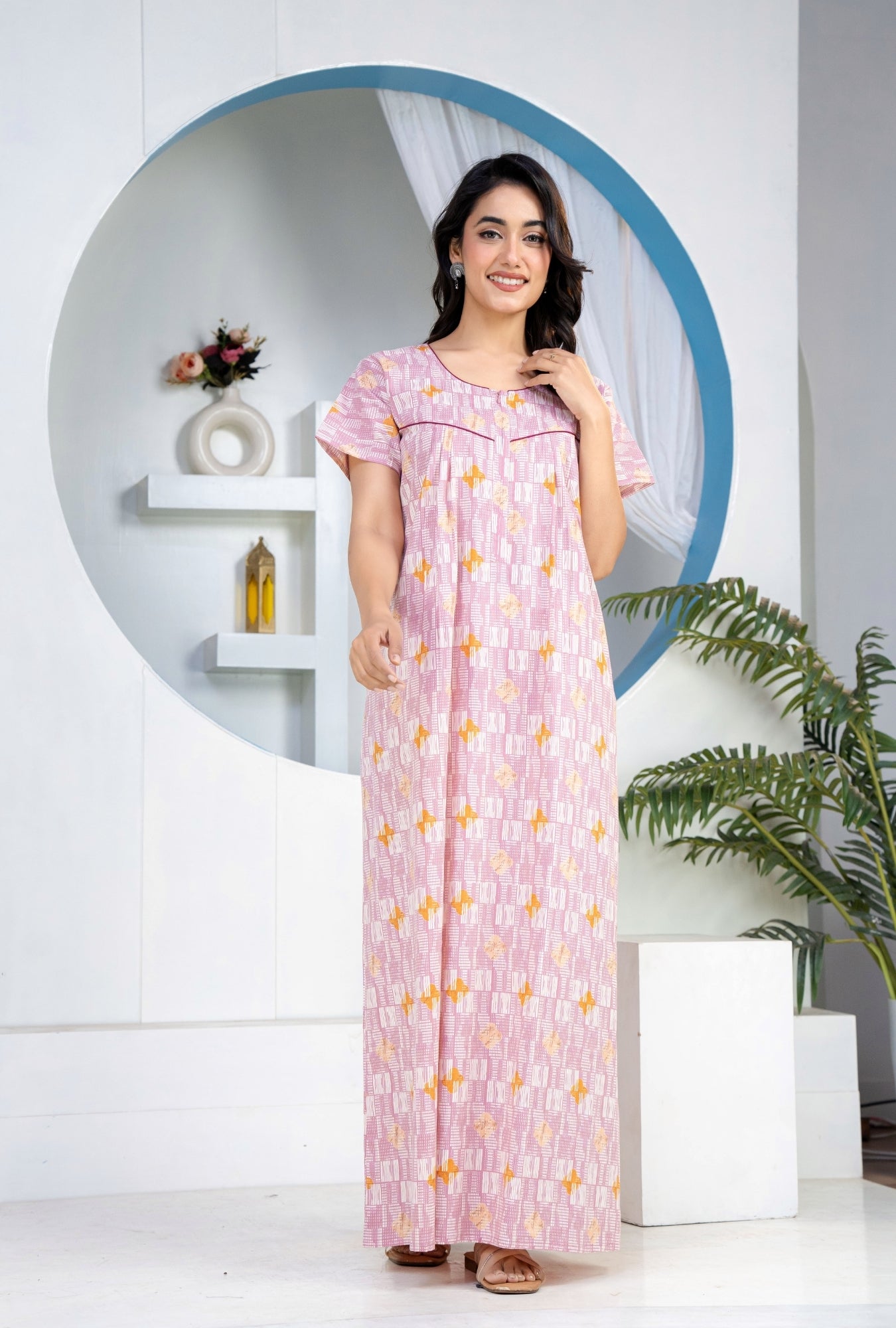 Grid Buta Mauve Cotton Printed Nightwear Gowns