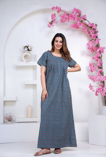 Mango Buti Teal Cotton Printed Nightwear Gowns