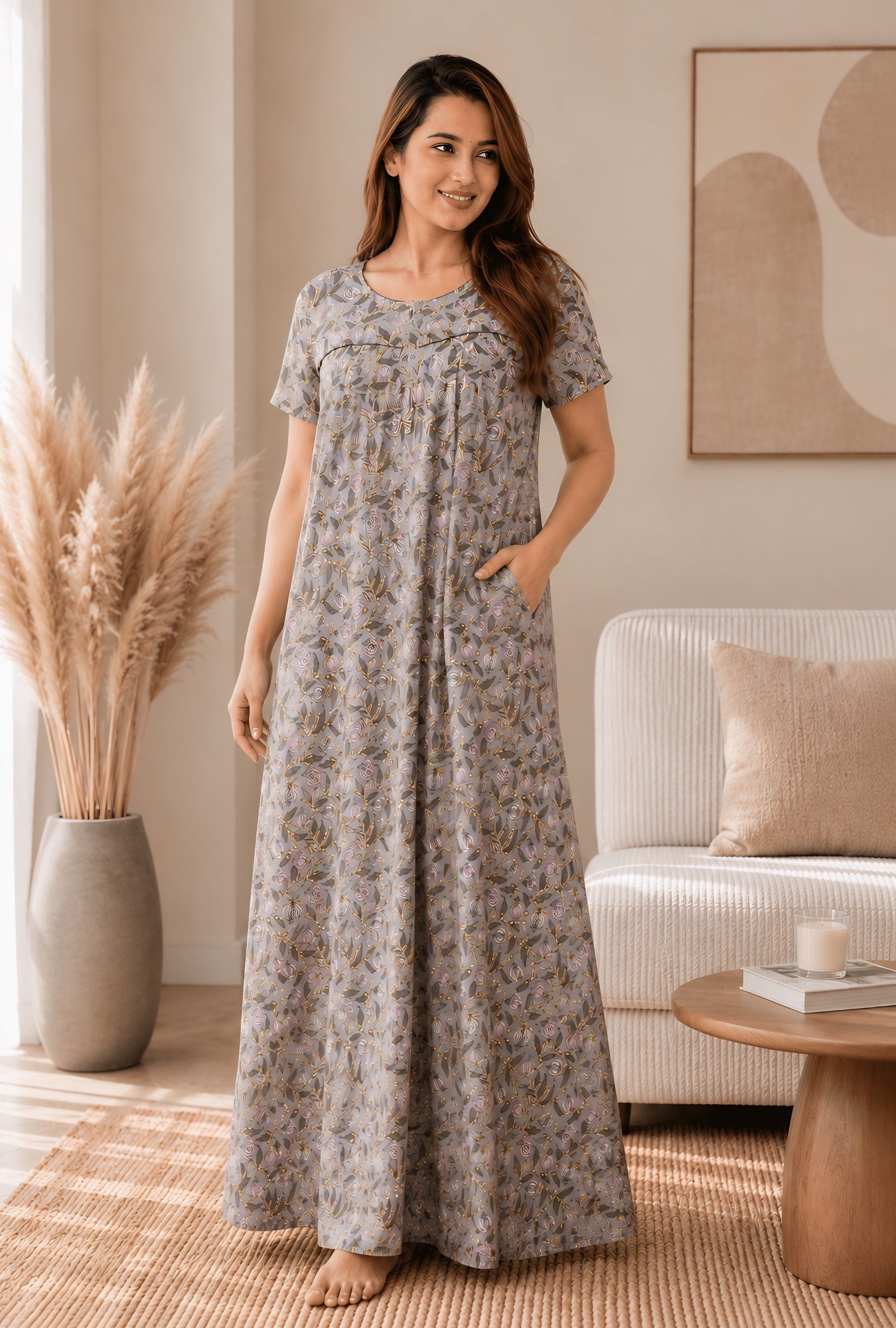 Daisy Delight Grey Cotton Printed Nightwear Gowns
