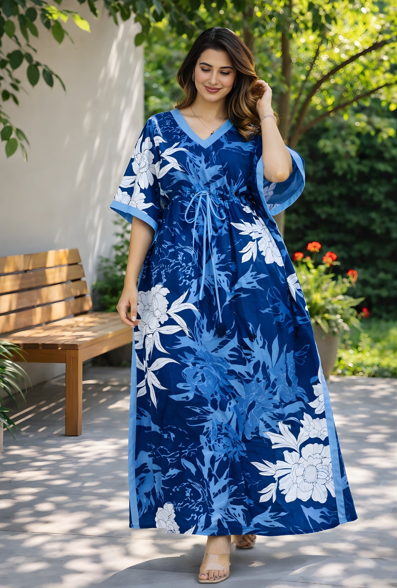 Palm Breeze Blue Loungewear Cotton Kaftan