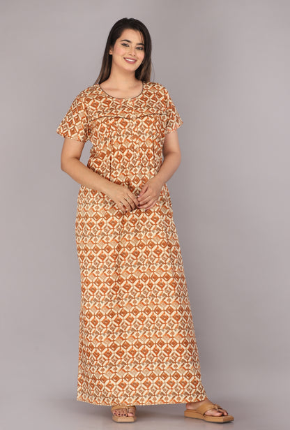 Cross Blocks Rust Cotton Printed Nightwear Gowns