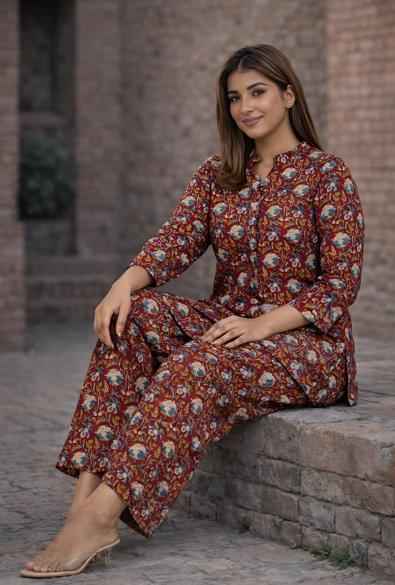Kalamkari Maroon Cotton Loungewear Co-ords Set